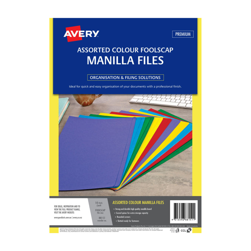 Avery Manilla Folders Pk10 Assorted Colours
