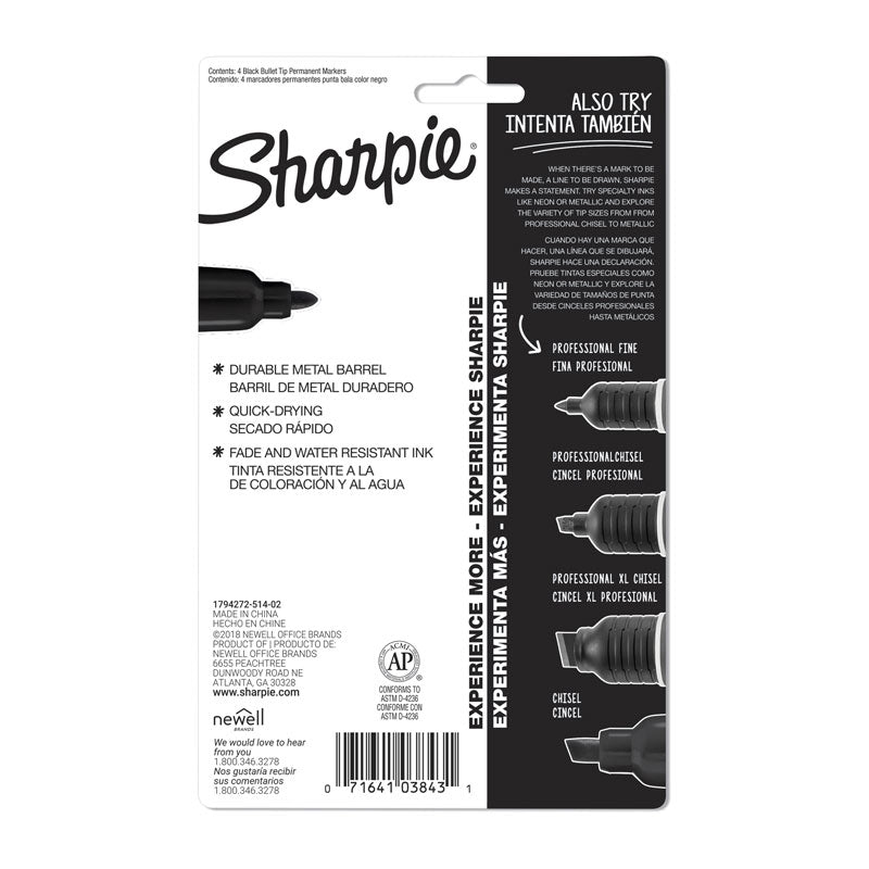 Sharpie Metal Permanent Marker Bullet Black Pk4